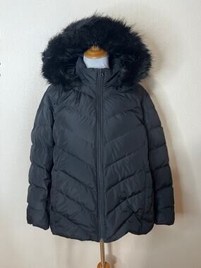 Lands' End Max 600 Down Puffer Jacket in black removable faux-fur hood 2X PETITE